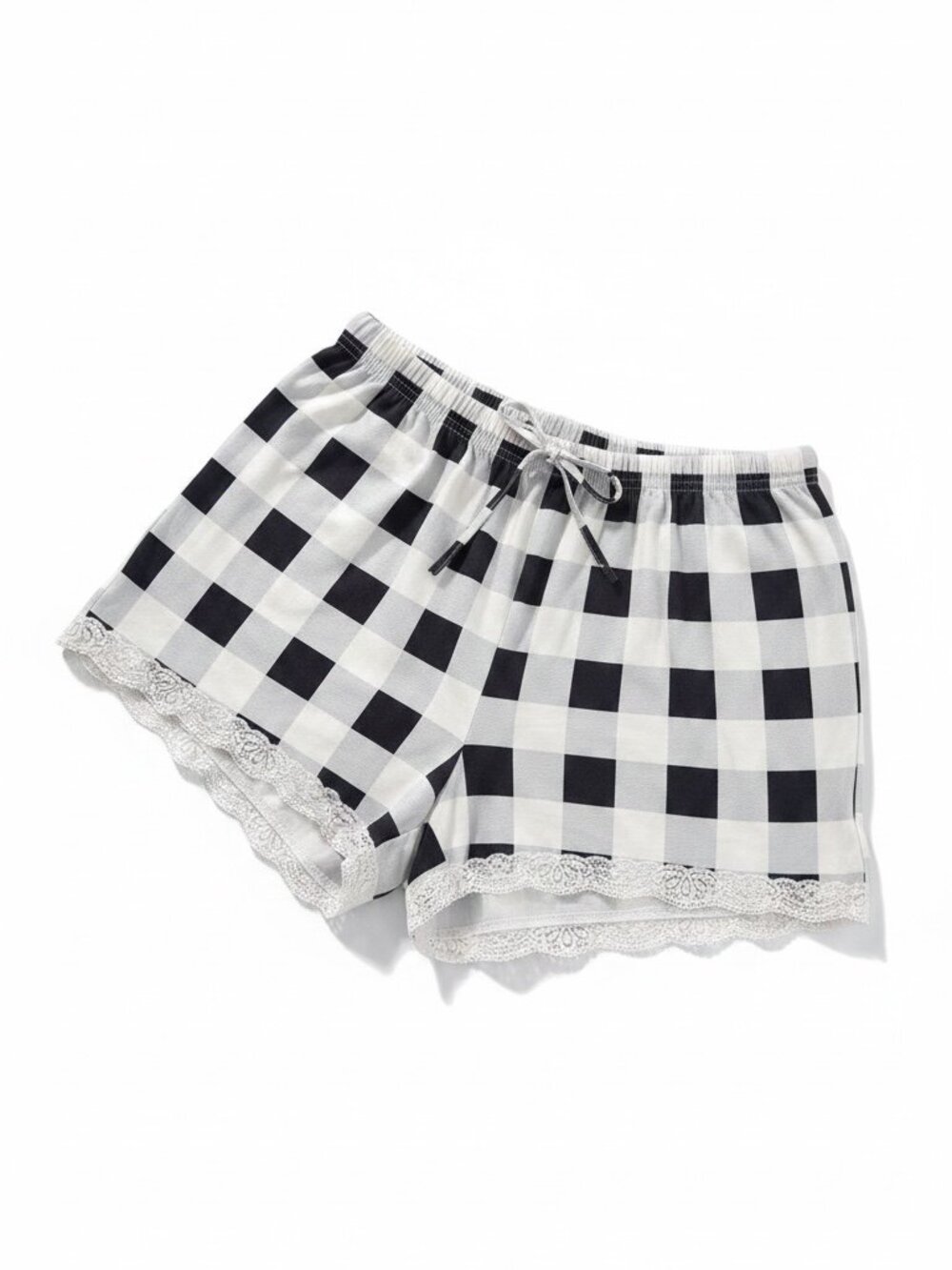 Ekouaer Checkered Lace‑Trim Shorts – Size M